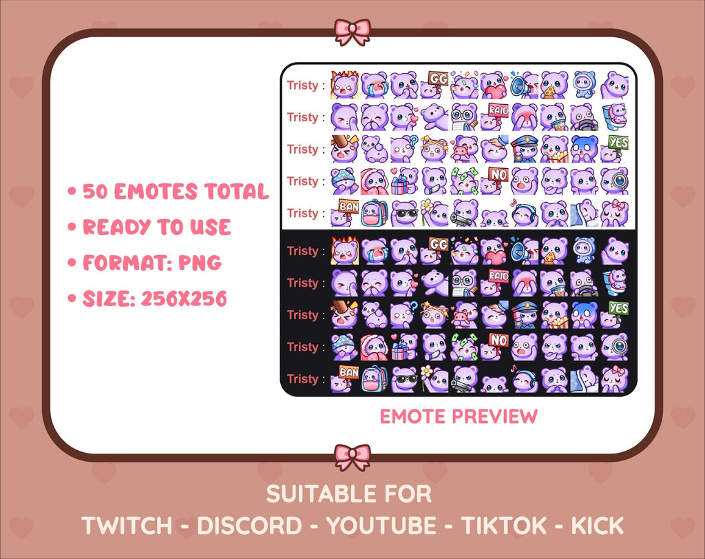 Purple Bear Twitch emote mega pack preview displaying all 50 emotes with format and size information.