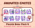 Purple Bear animated Twitch emote pack featuring 10 emotes including cozy, sus, panic, and shrug.
