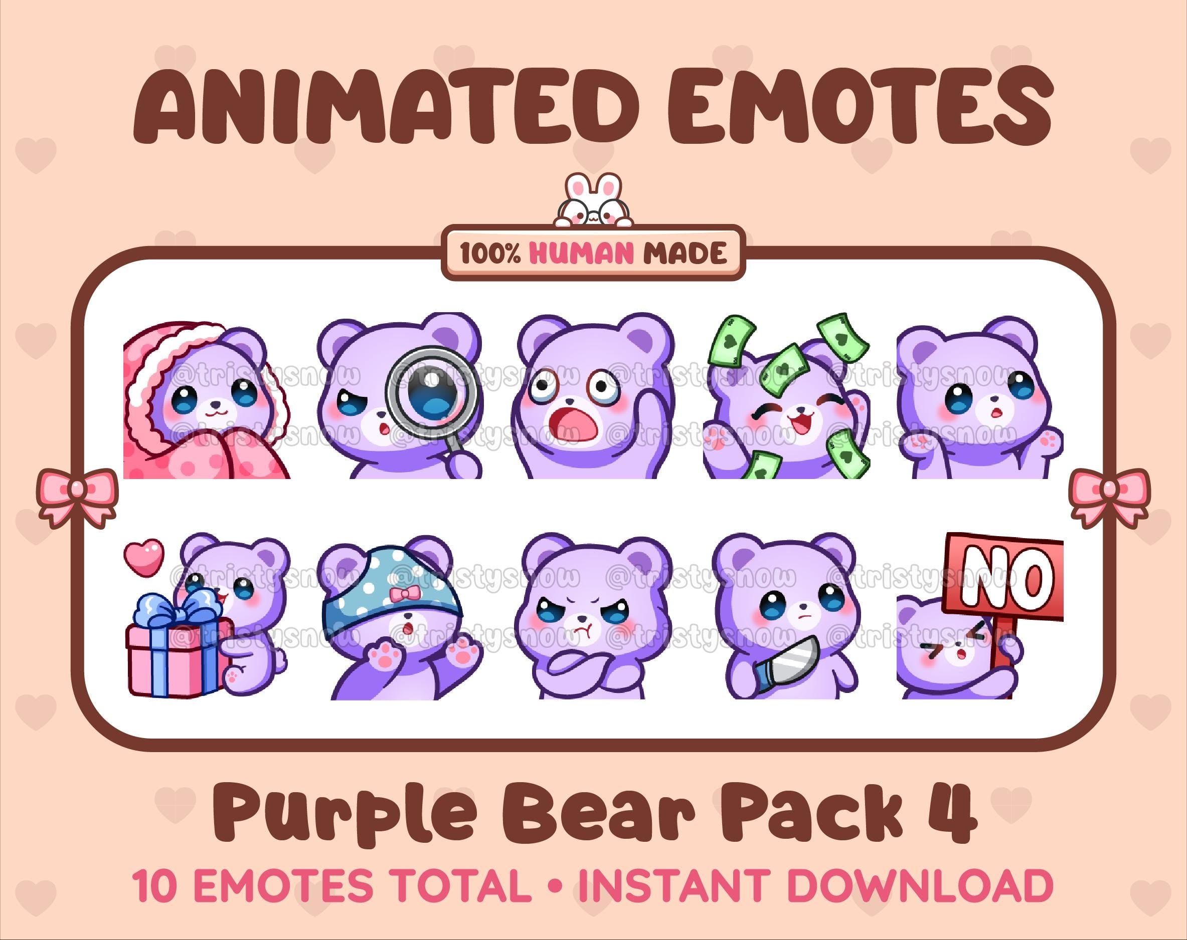Purple Bear animated Twitch emote pack featuring 10 emotes including cozy, sus, panic, and shrug.