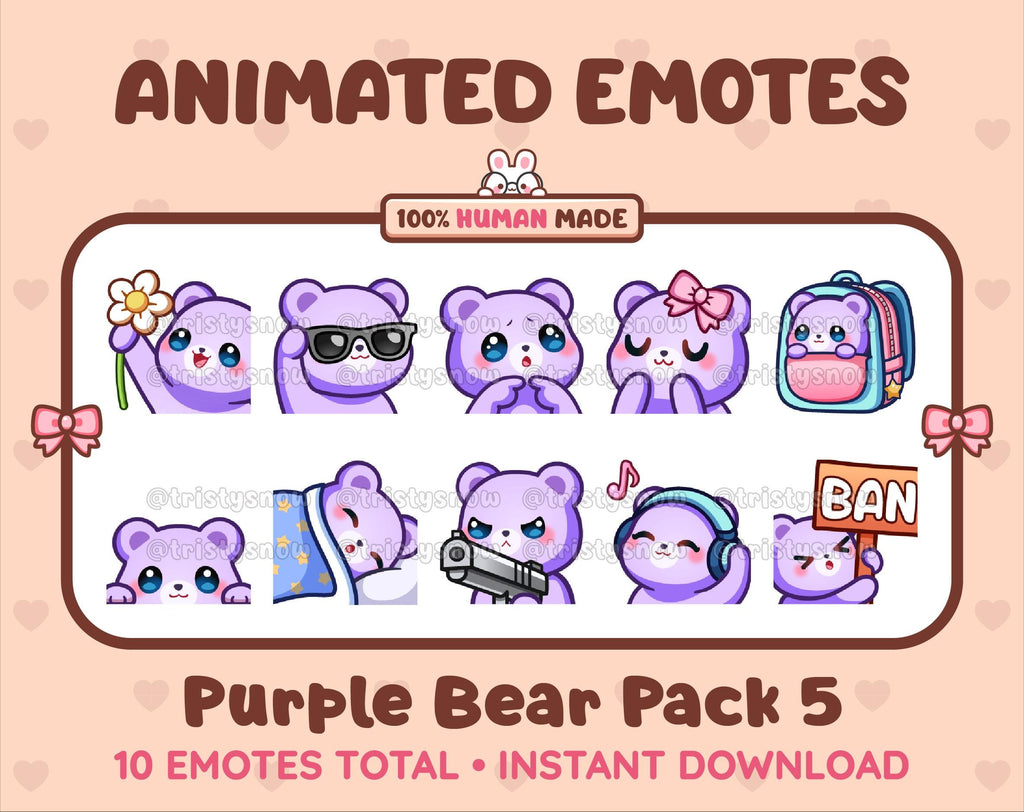 Purple Bear animated Twitch emote pack featuring 10 emotes including flower, cool, plead, and lurk.