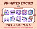 Purple Bear animated Twitch emote pack featuring 10 emotes including flower, cool, plead, and lurk.