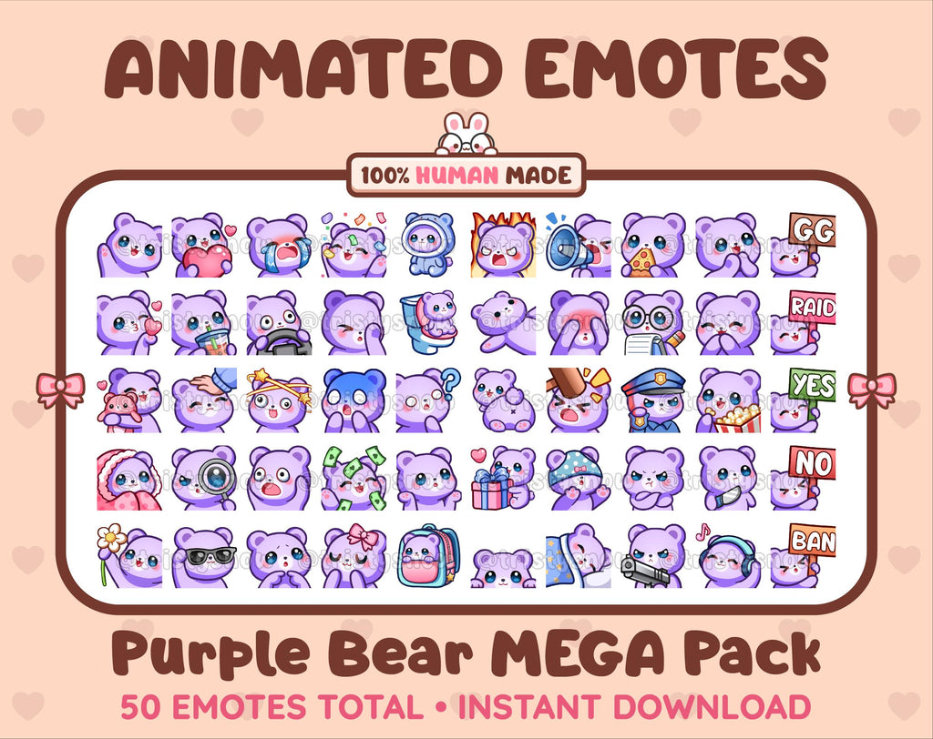 Purple Bear animated Twitch emote mega pack featuring 50 emotes including hype, kiss, raid, and lurk.
