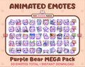 Purple Bear animated Twitch emote mega pack featuring 50 emotes including hype, kiss, raid, and lurk.