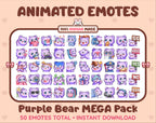 Purple Bear animated Twitch emote mega pack featuring 50 emotes including hype, kiss, raid, and lurk.