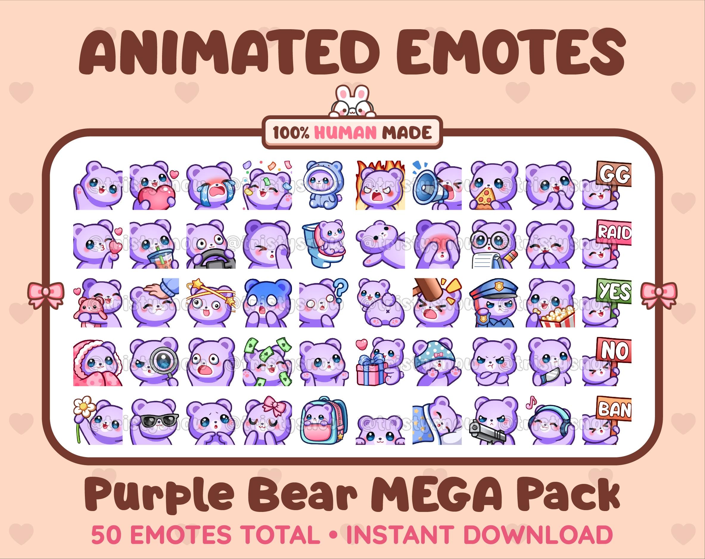 Purple Bear animated Twitch emote mega pack featuring 50 emotes including hype, kiss, raid, and lurk.