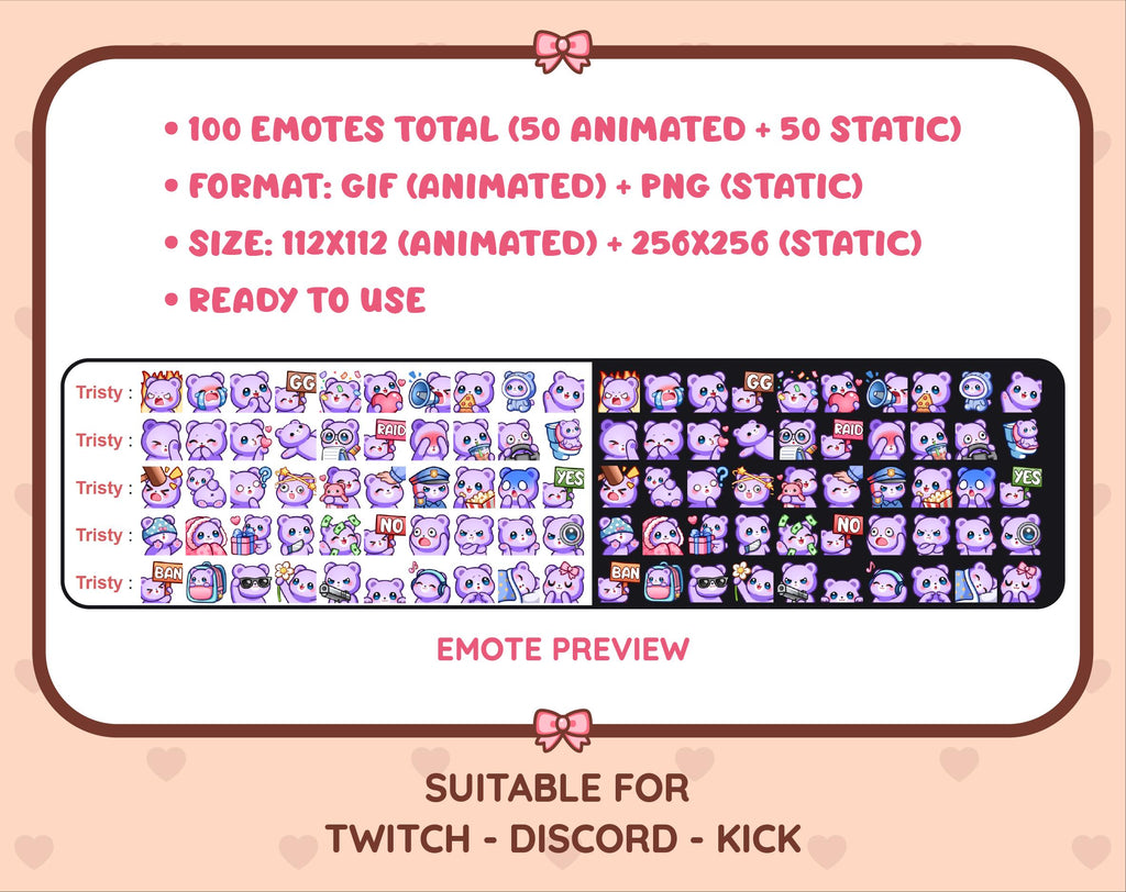 Purple Bear animated Twitch emote mega pack preview displaying all 50 emotes with format and size information.