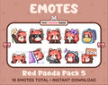 Red Panda Twitch emote pack featuring 10 emotes including flower, cool, plead, and lurk.