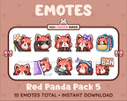 Red Panda Twitch emote pack featuring 10 emotes including flower, cool, plead, and lurk.