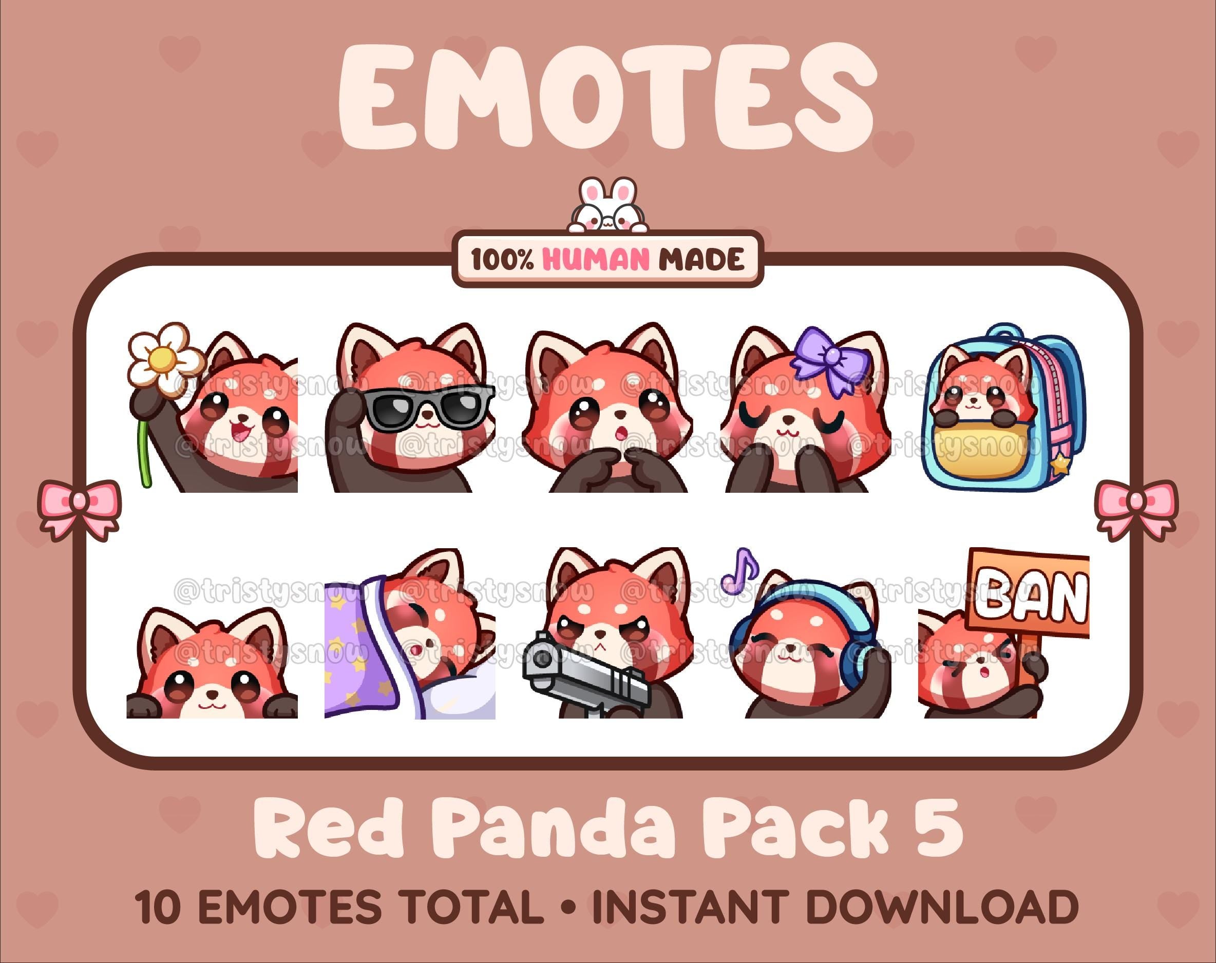 Red Panda Twitch emote pack featuring 10 emotes including flower, cool, plead, and lurk.