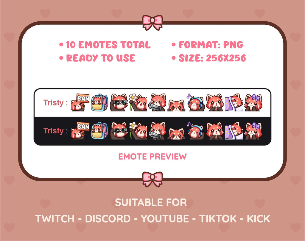 Red Panda Twitch emote pack preview displaying all 10 emotes with format and size information.