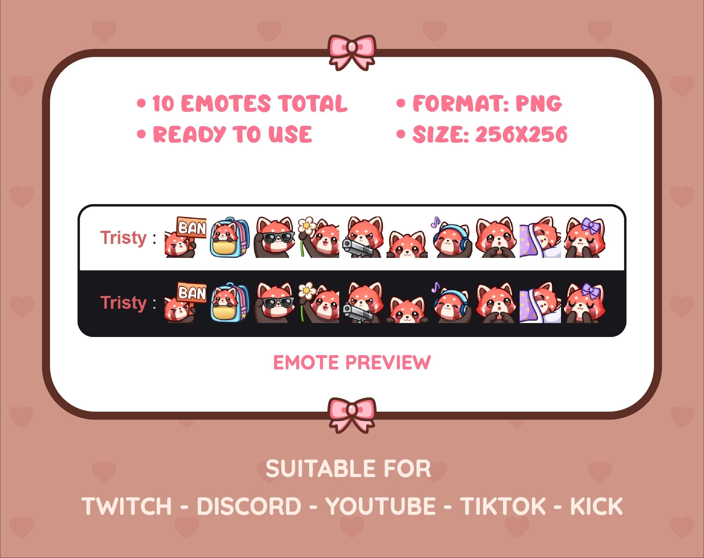 Red Panda Twitch emote pack preview displaying all 10 emotes with format and size information.