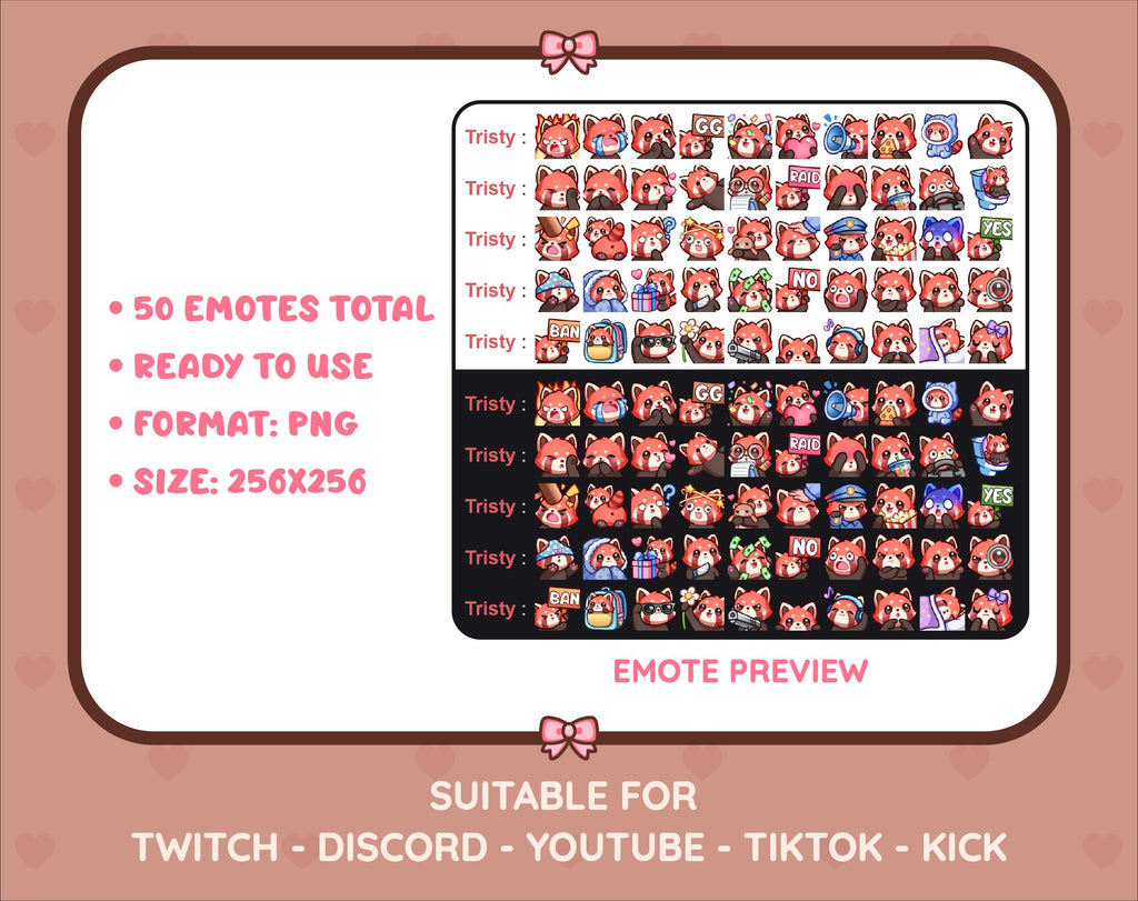 Red Panda Twitch emote mega pack preview displaying all 50 emotes with format and size information.