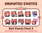 Red Panda animated Twitch emote pack featuring 10 emotes including kiss, facepalm, shy, and raid.