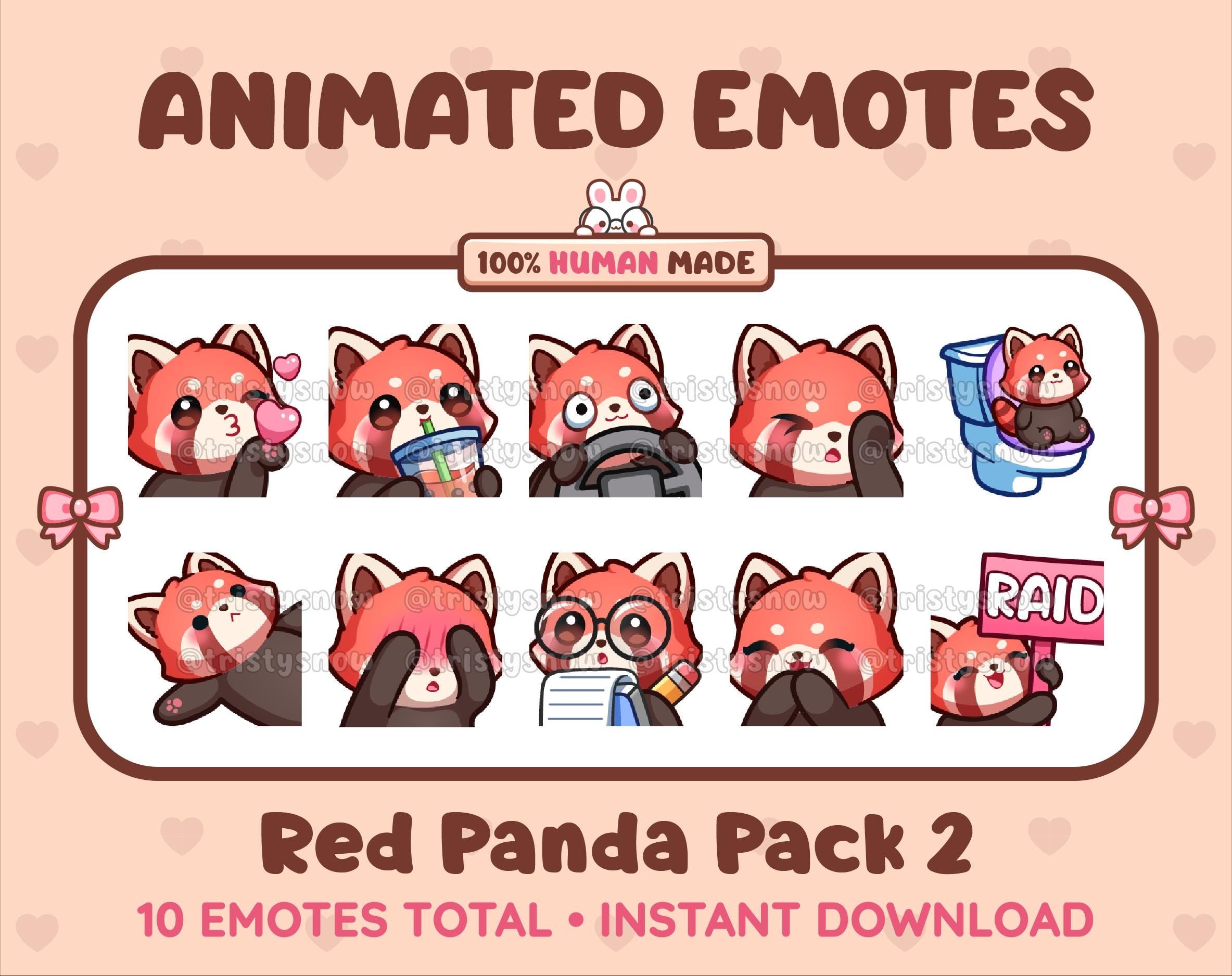 Red Panda animated Twitch emote pack featuring 10 emotes including kiss, facepalm, shy, and raid.