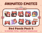Red Panda animated Twitch emote pack featuring 10 emotes including flower, cool, plead, and lurk.