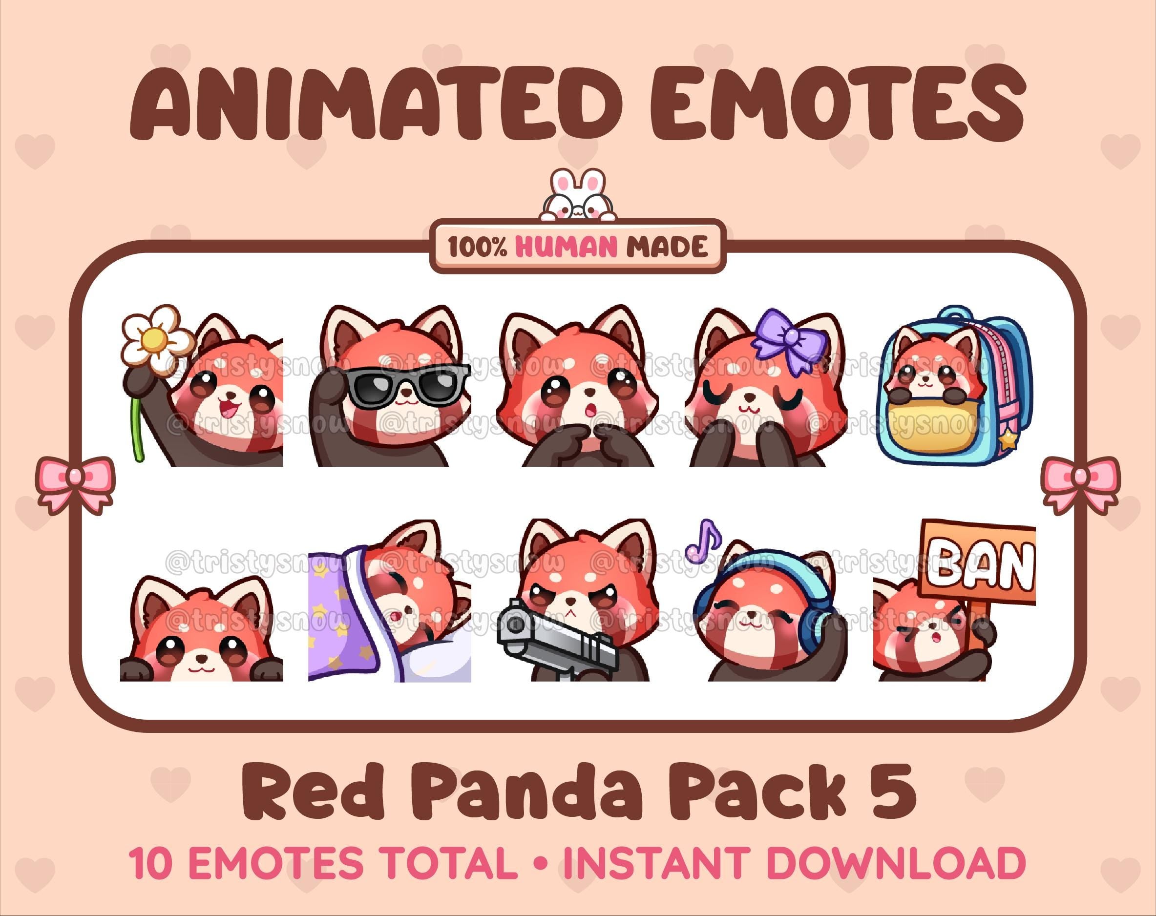 Red Panda animated Twitch emote pack featuring 10 emotes including flower, cool, plead, and lurk.