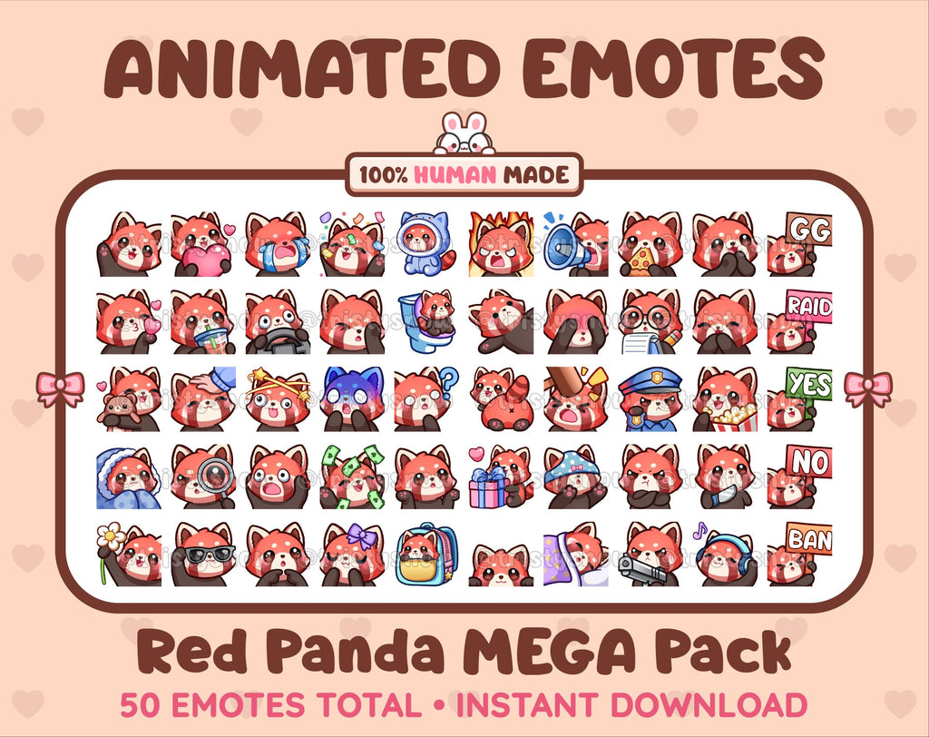 Red Panda animated Twitch emote mega pack featuring 50 emotes including hype, kiss, raid, and lurk.