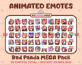 Red Panda animated Twitch emote mega pack featuring 50 emotes including hype, kiss, raid, and lurk.