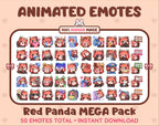 Red Panda animated Twitch emote mega pack featuring 50 emotes including hype, kiss, raid, and lurk.