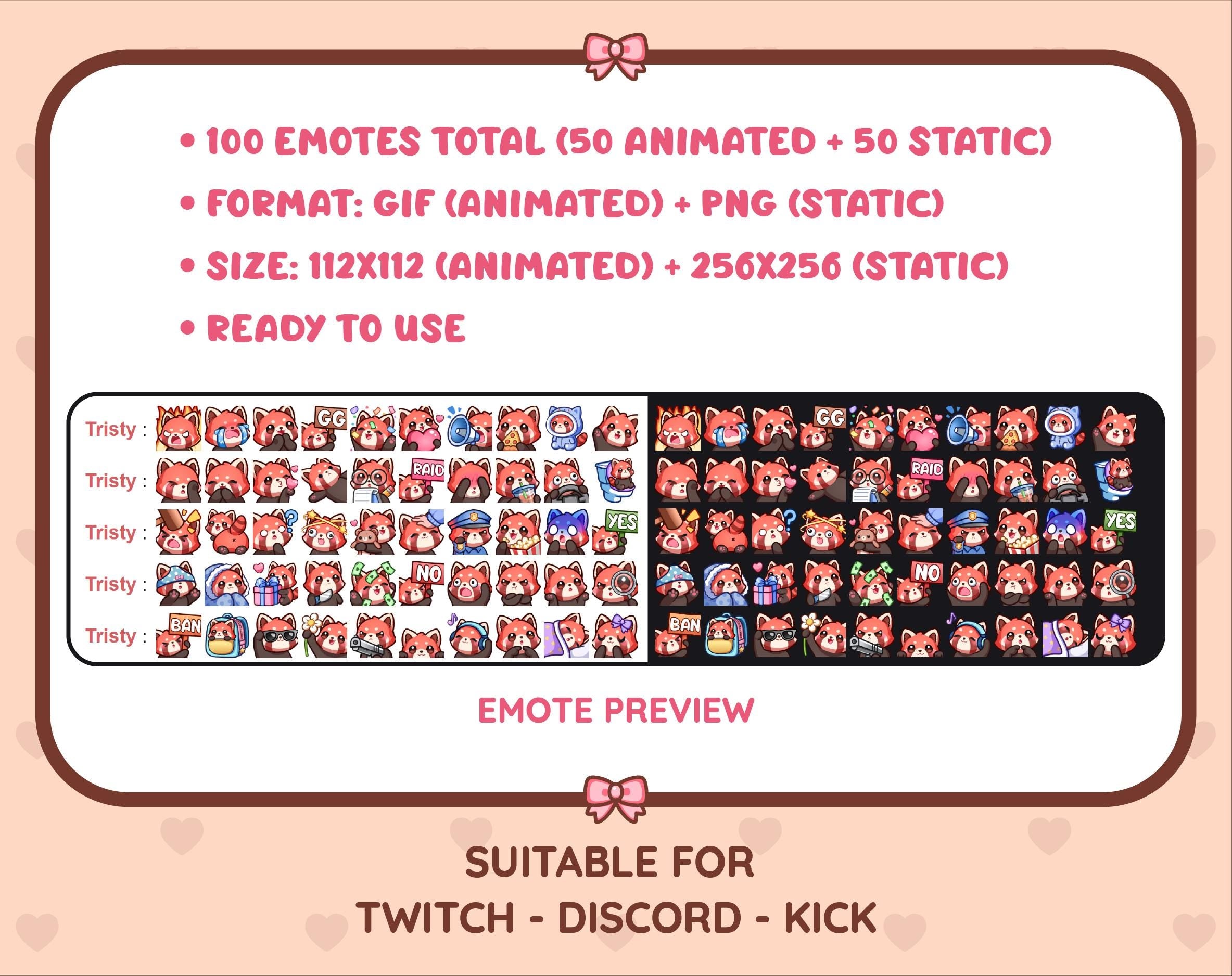 Red Panda animated Twitch emote mega pack preview displaying all 50 emotes with format and size information.