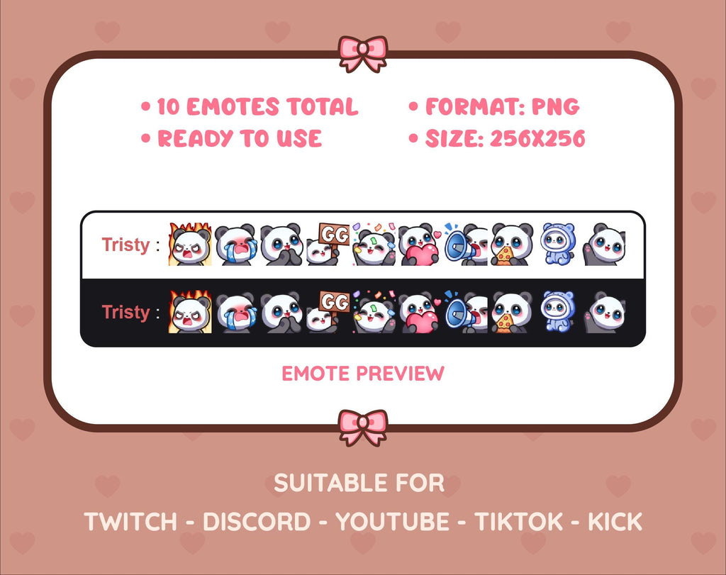 Panda Bear Twitch emote pack preview displaying all 10 emotes with format and size information.