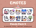 Panda Bear Twitch emote pack featuring 10 emotes including hug, scared, bonk, and popcorn.