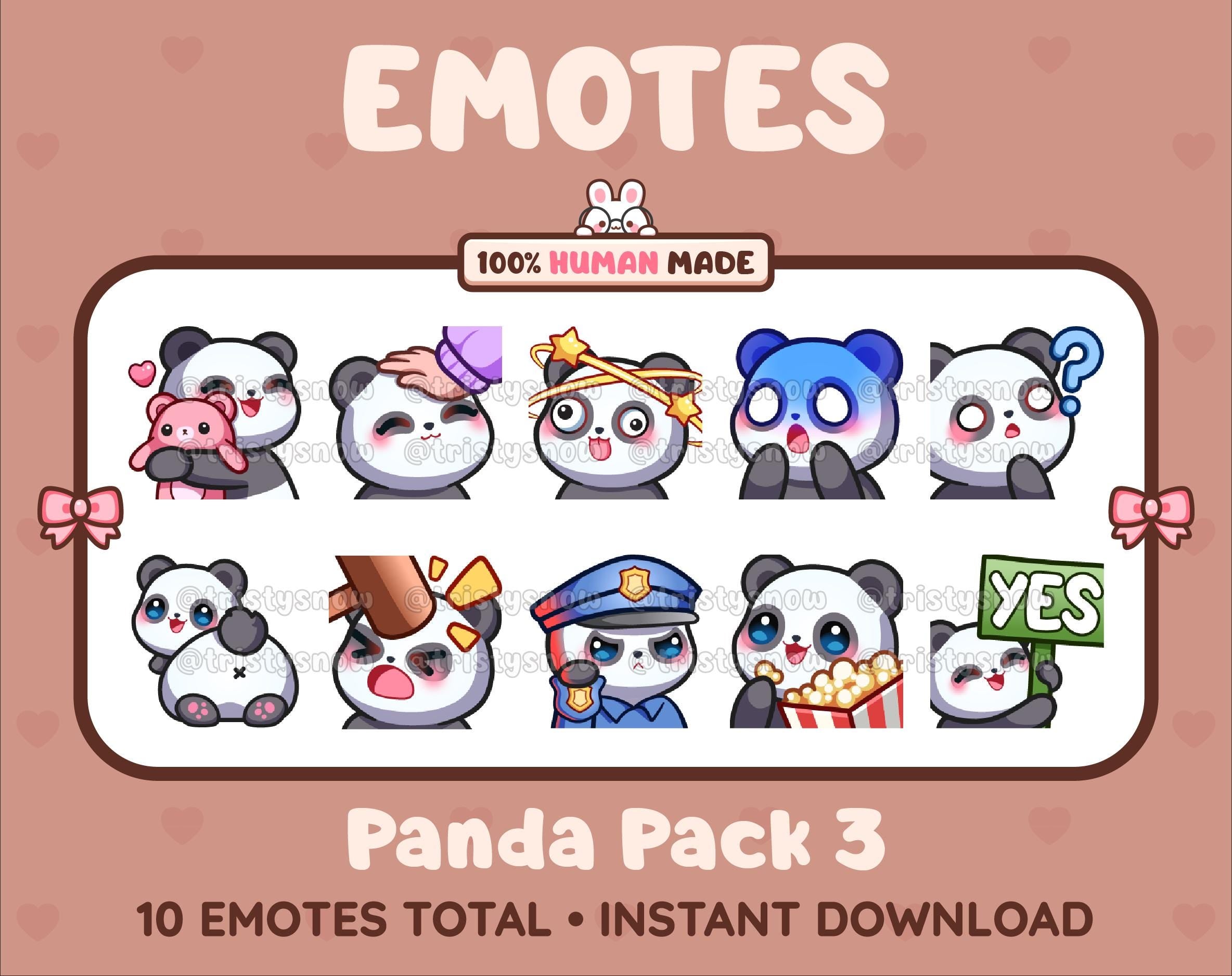 Panda Bear Twitch emote pack featuring 10 emotes including hug, scared, bonk, and popcorn.