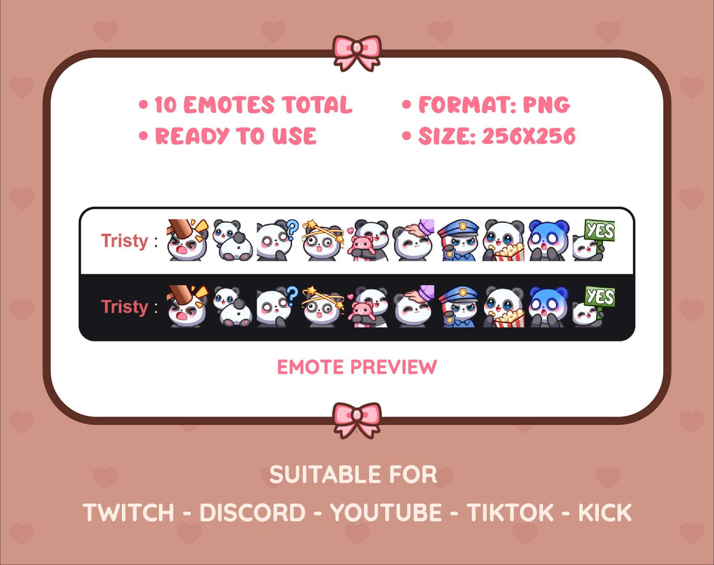 Panda Bear Twitch emote pack preview displaying all 10 emotes with format and size information.