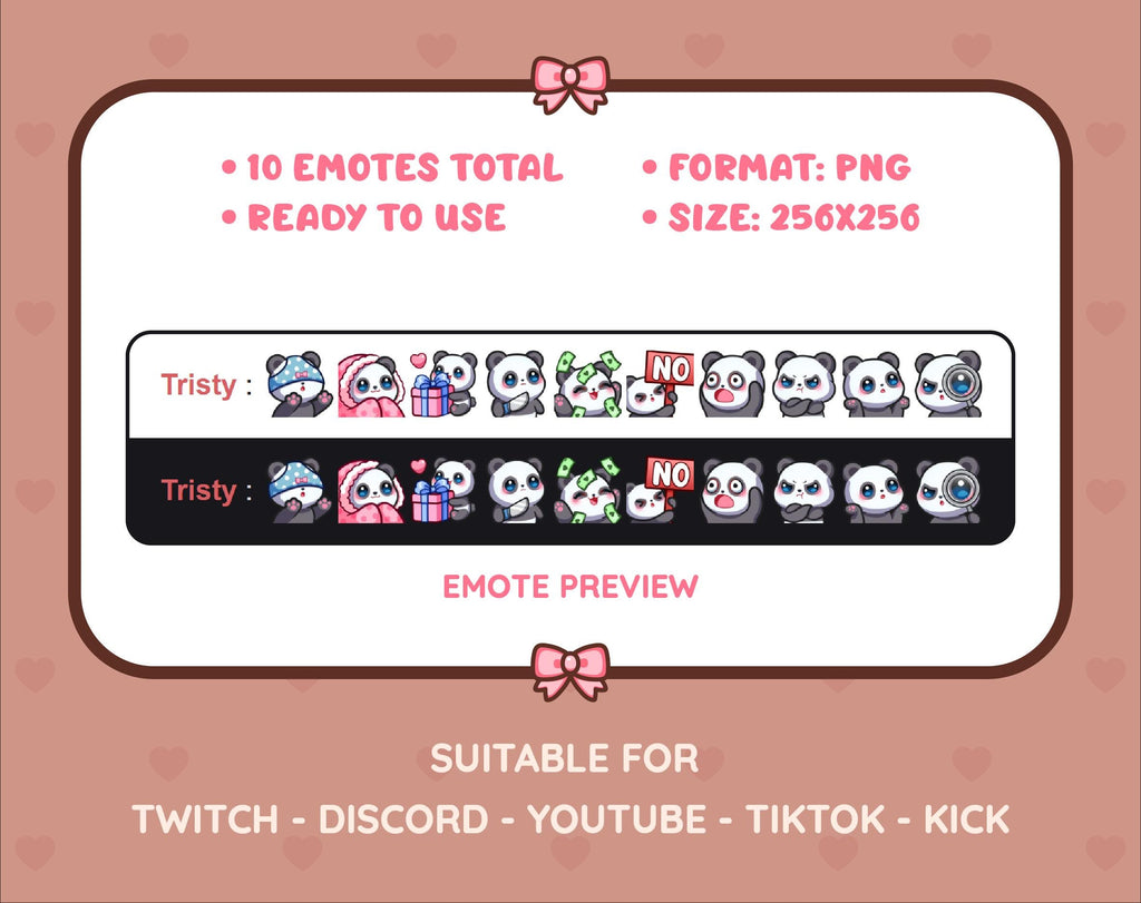 Panda Bear Twitch emote pack preview displaying all 10 emotes with format and size information.