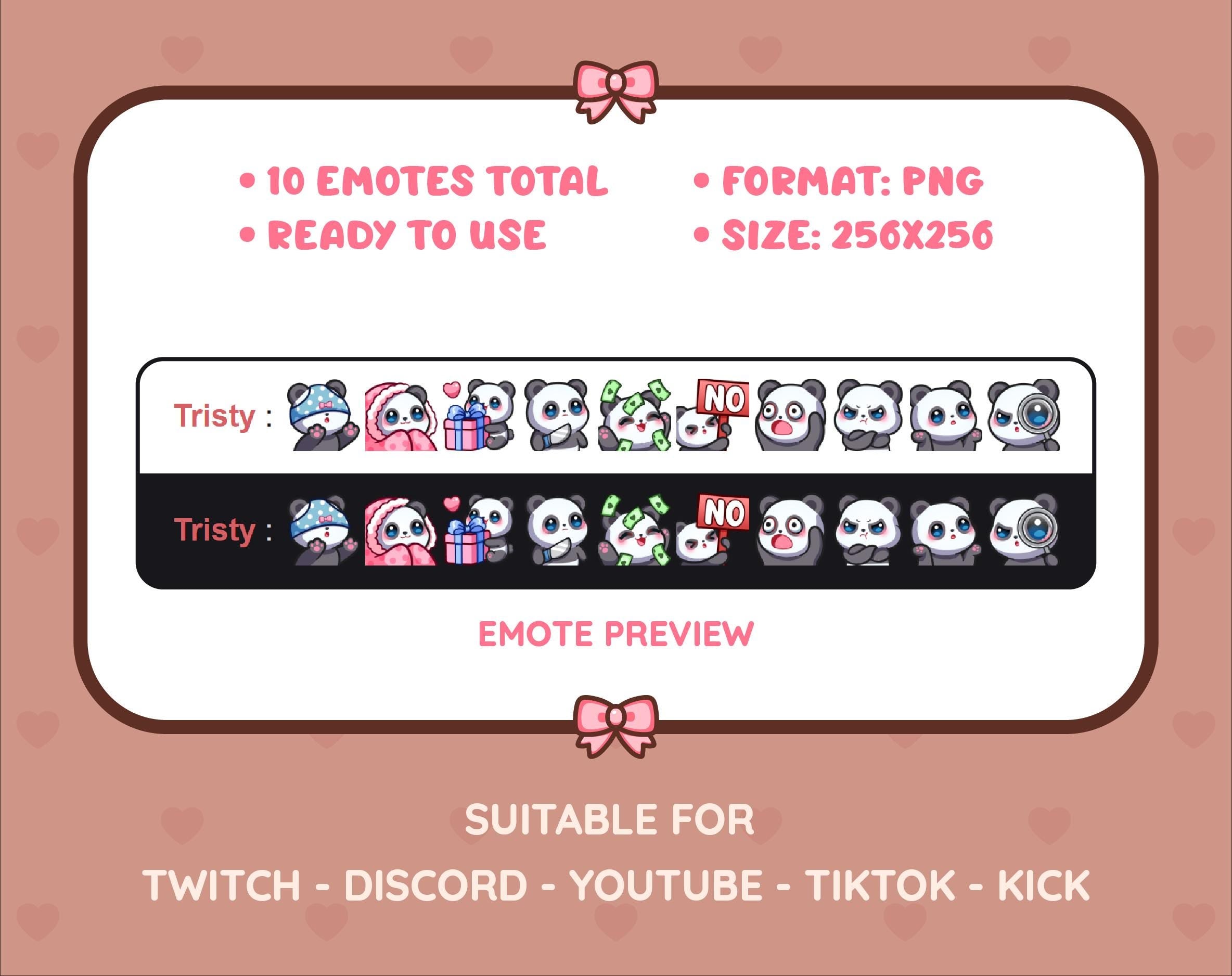Panda Bear Twitch emote pack preview displaying all 10 emotes with format and size information.
