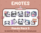 Panda Bear Twitch emote pack featuring 10 emotes including flower, cool, plead, and lurk.