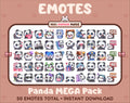Panda Bear Twitch emote mega pack featuring 50 emotes including hype, kiss, raid, and lurk.