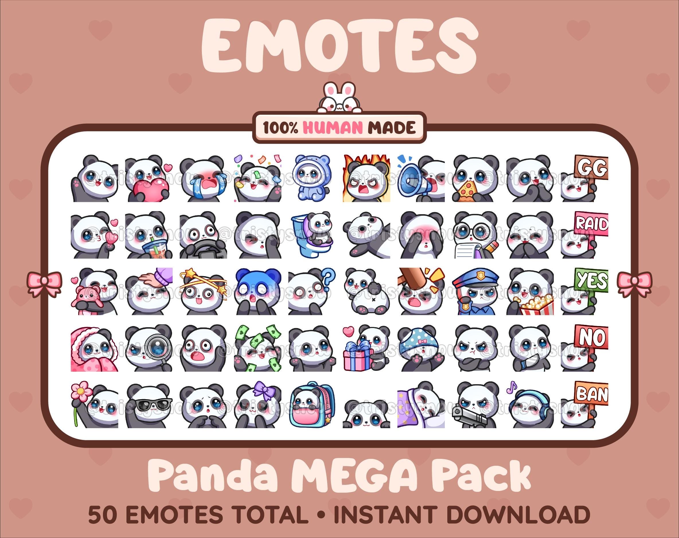 Panda Bear Twitch emote mega pack featuring 50 emotes including hype, kiss, raid, and lurk.