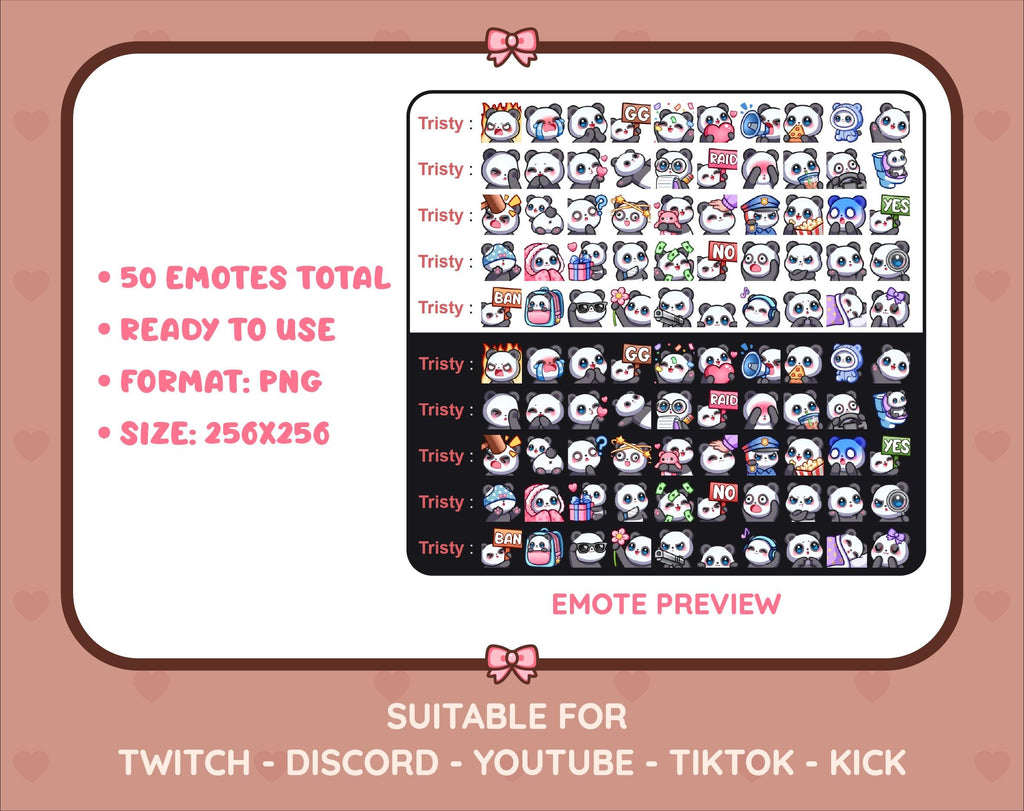Panda Bear Twitch emote mega pack preview displaying all 50 emotes with format and size information.