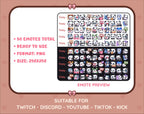 Panda Bear Twitch emote mega pack preview displaying all 50 emotes with format and size information.