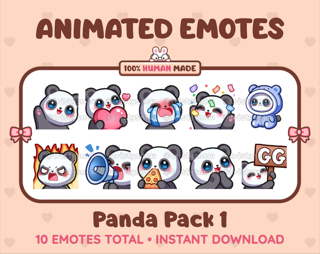 Panda Bear animated Twitch emote pack featuring 10 emotes including GG, angry, cry, and hype.