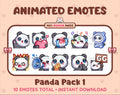 Panda Bear animated Twitch emote pack featuring 10 emotes including GG, angry, cry, and hype.