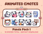 Panda Bear animated Twitch emote pack featuring 10 emotes including GG, angry, cry, and hype.