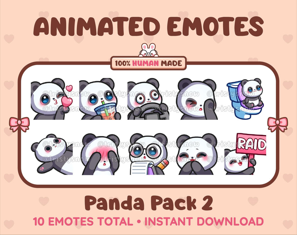 Panda Bear animated Twitch emote pack featuring 10 emotes including kiss, facepalm, shy, and raid.