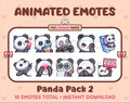 Panda Bear animated Twitch emote pack featuring 10 emotes including kiss, facepalm, shy, and raid.