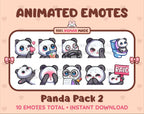 Panda Bear animated Twitch emote pack featuring 10 emotes including kiss, facepalm, shy, and raid.