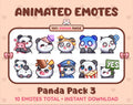 Panda Bear animated Twitch emote pack featuring 10 emotes including hug, scared, bonk, and popcorn.