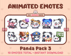 Panda Bear animated Twitch emote pack featuring 10 emotes including hug, scared, bonk, and popcorn.