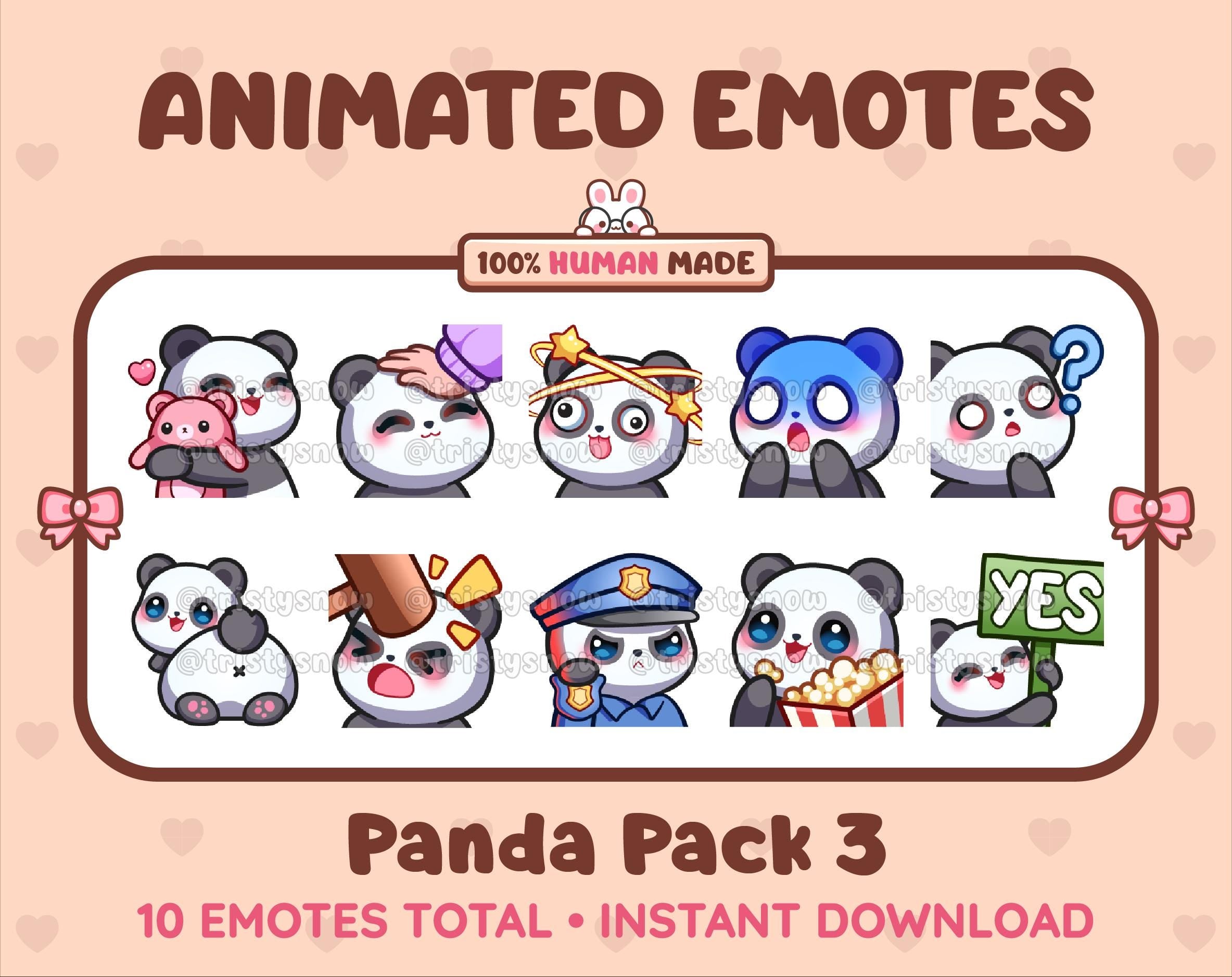 Panda Bear animated Twitch emote pack featuring 10 emotes including hug, scared, bonk, and popcorn.