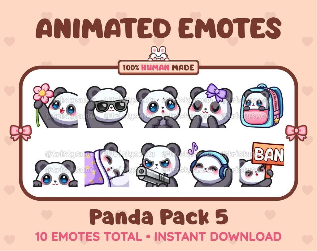 Panda Bear animated Twitch emote pack featuring 10 emotes including flower, cool, plead, and lurk.