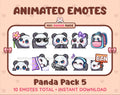 Panda Bear animated Twitch emote pack featuring 10 emotes including flower, cool, plead, and lurk.