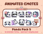 Panda Bear animated Twitch emote pack featuring 10 emotes including flower, cool, plead, and lurk.