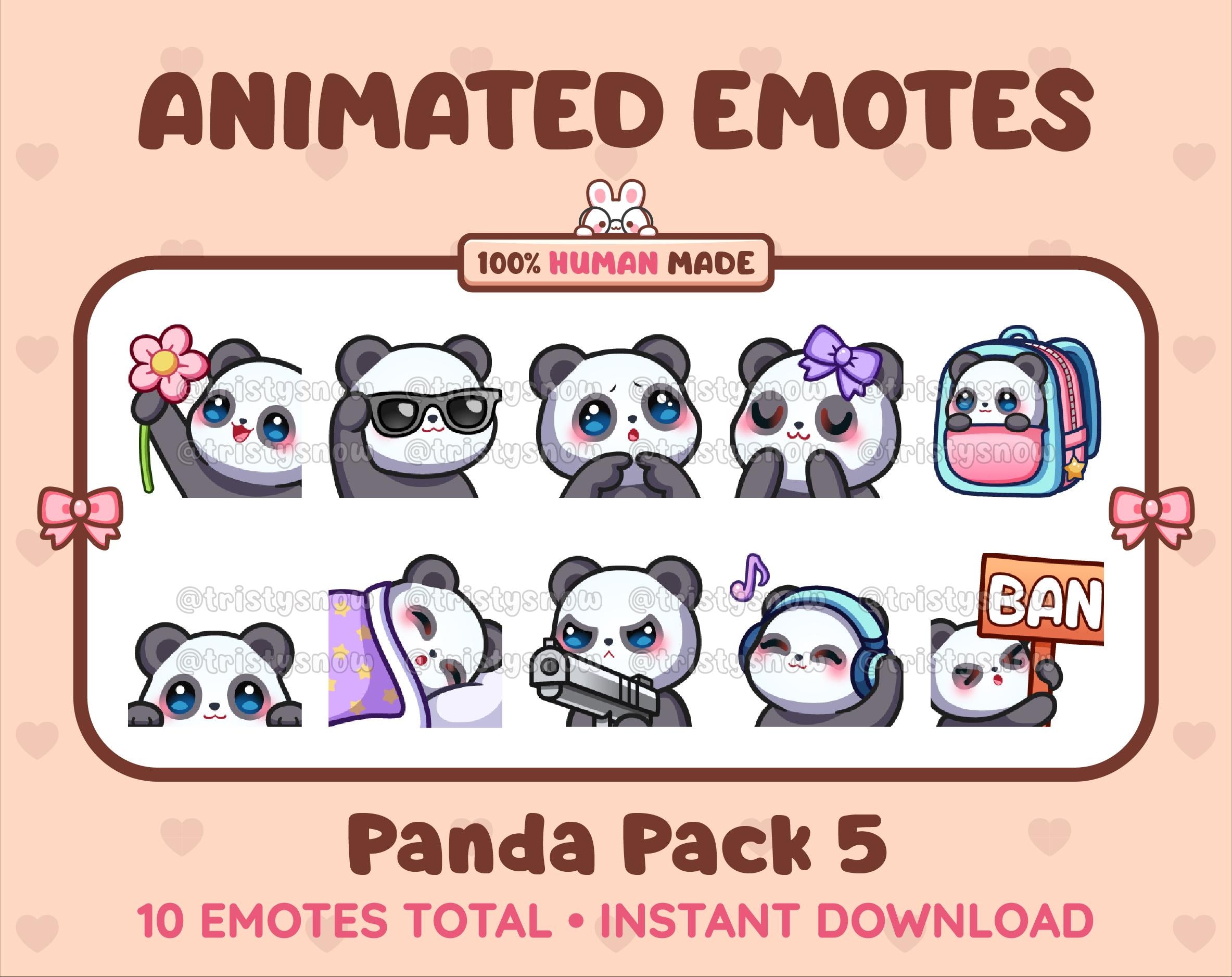 Panda Bear animated Twitch emote pack featuring 10 emotes including flower, cool, plead, and lurk.