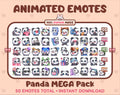 Panda Bear animated Twitch emote mega pack featuring 50 emotes including hype, kiss, raid, and lurk.
