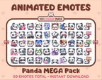 Panda Bear animated Twitch emote mega pack featuring 50 emotes including hype, kiss, raid, and lurk.